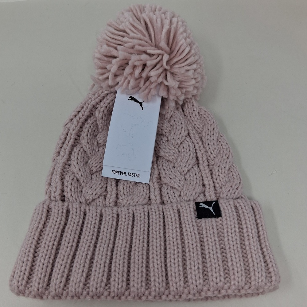 Puma Womens Cable Knit Pom Beanie Hat Light Pastel Pink PV5-2190 NEW